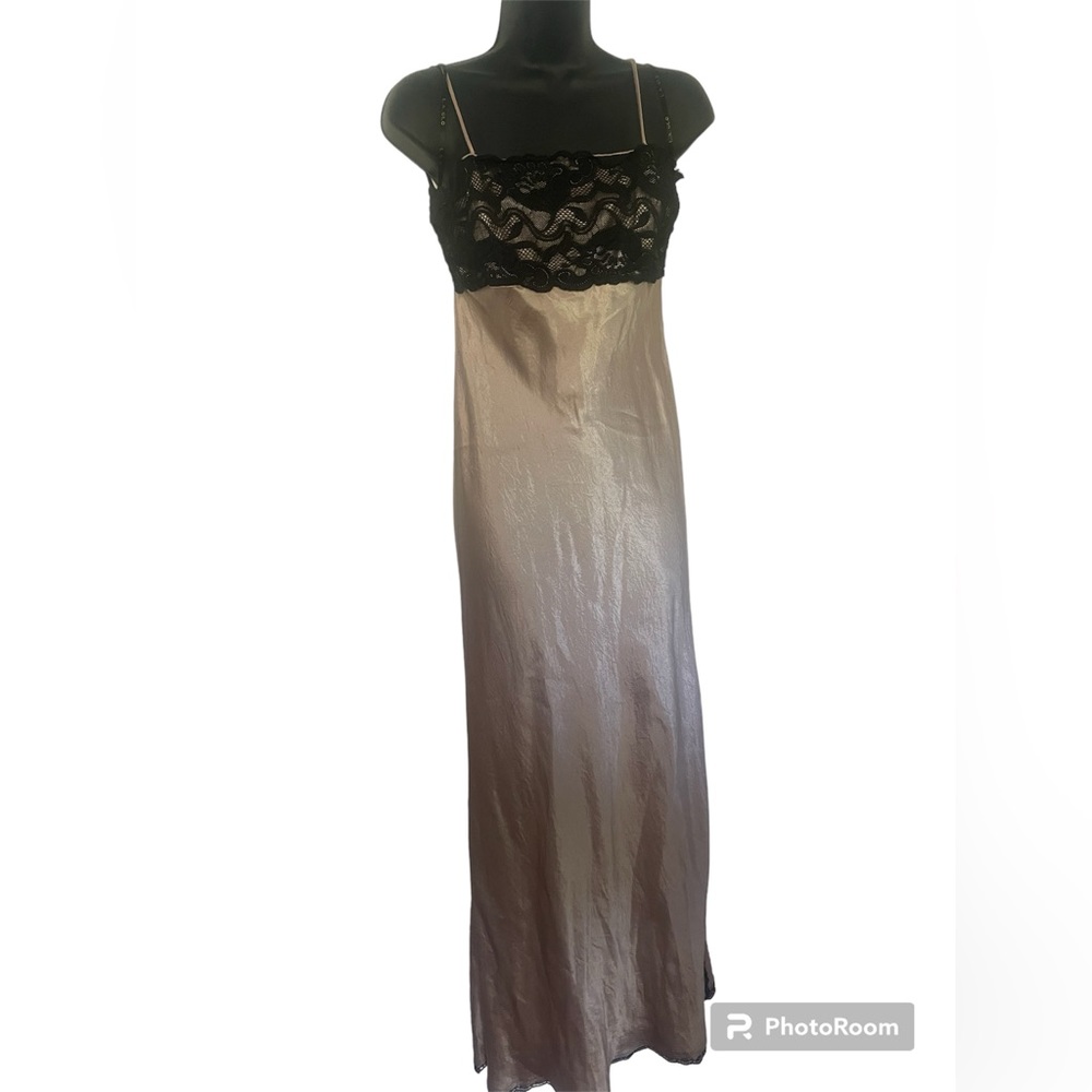 L.A. Glo Vintage shimmery gold black lace slip dress side slit sz 5/6 formal